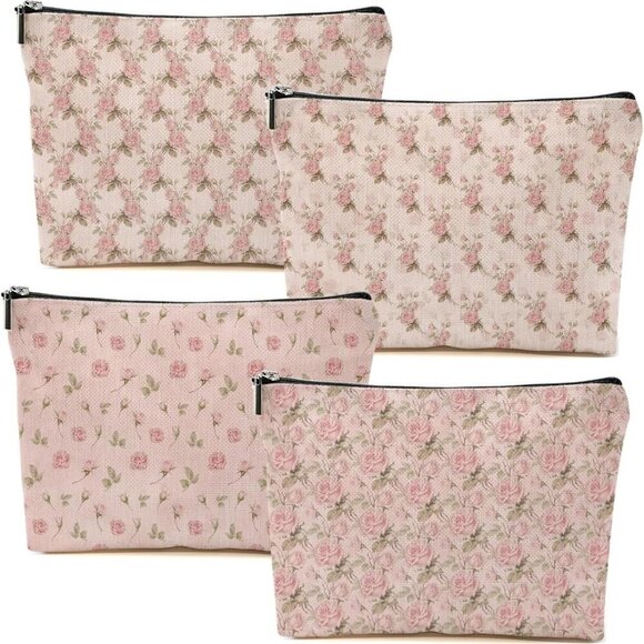 4pcs Pink Vintage Roses Floral Makeup Bag, Pink Coquette Roses Flower Cosmetic B - Picture 1 of 6